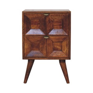 HomeRoots 24" Chestnut Solid Wood Square Carved Geometric Two Drawer Nightstand - 1 of 4