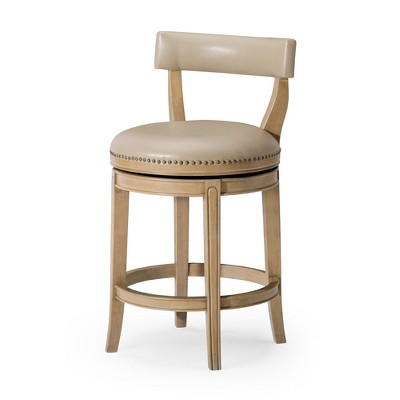 HomeRoots 26" Beige and Natural Faux Leather and Solid Wood Low Back Counter Height Swivel Bar Chair