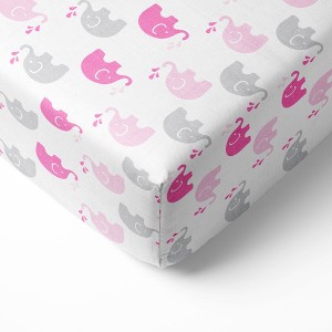 Bacati - Elephants Pink/Gray Muslin 100 percent Cotton Universal Baby US Standard Crib or Toddler Bed Fitted Sheet - 1 of 4