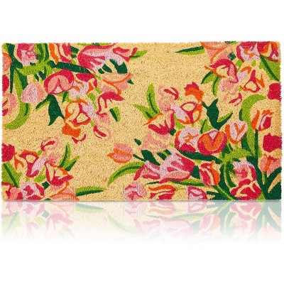 Juvale Spring Welcome Front Door Mat, Natural Coir Rug for Entrance with Pink Flowers, 1'4"x2'4"