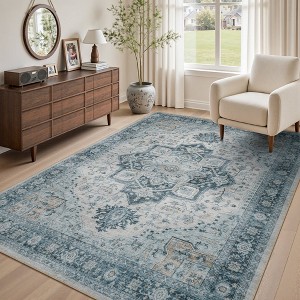 MontVoo Machine Washable Oriental Floral Area Rug Blue - 1 of 4