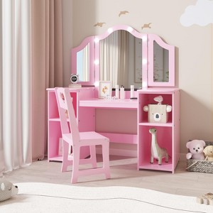 Kids Vanity Table with Tri-Fold Mirror & Chair - Wooden Makeup Playset for Girls with Storage Shelves - 1 of 4