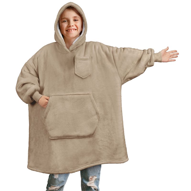 PAVILIA Wearable Blanket Sweatshirt Kids Boy Girl, Warm Cozy Giant Hoodie, Fleece Faux Shearling Oversized Sweater, Big Pocket, 1 of 8