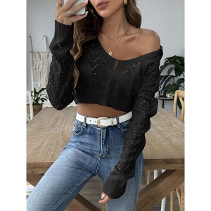 Women's Long Sleeve Lightweight Knit Top Polo Neck Cropped Cable Knit Hollow Out Pullover Sweater Casual Blouse - 1 of 4