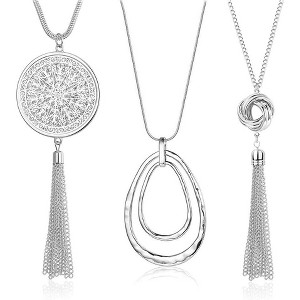3PCS Long Pendant Necklaces for Women Knot Disk Circle Tassel Statement Sweater Necklace Set - 1 of 4