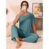 cheibear Women's Pajama Set Ruffle Round Neck Soft Knit Short Sleeve Shirt with Pants Capri Loungewear - 3 of 4