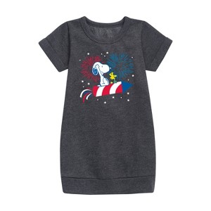 - Peanuts - Snoopy And Woodstock Fireworks Graphic Short Sleeve Fleece Dress - 1 of 3
