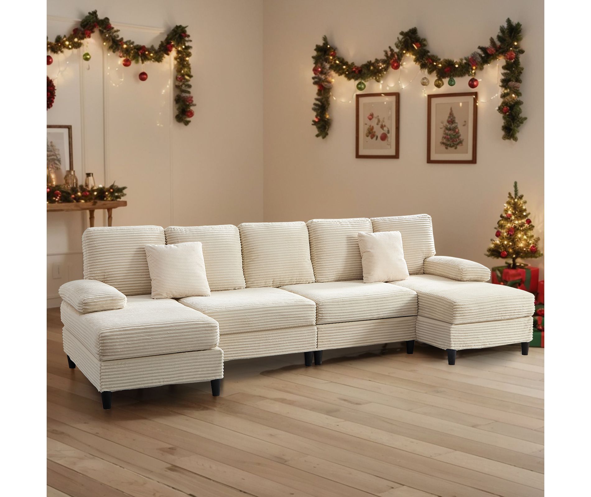 Mjkone 112" U Shaped Sectional Couches, Corduroy Sectional Sofa with Double Chaises and Sleepable Armrests, Large 4 Seater Sofa