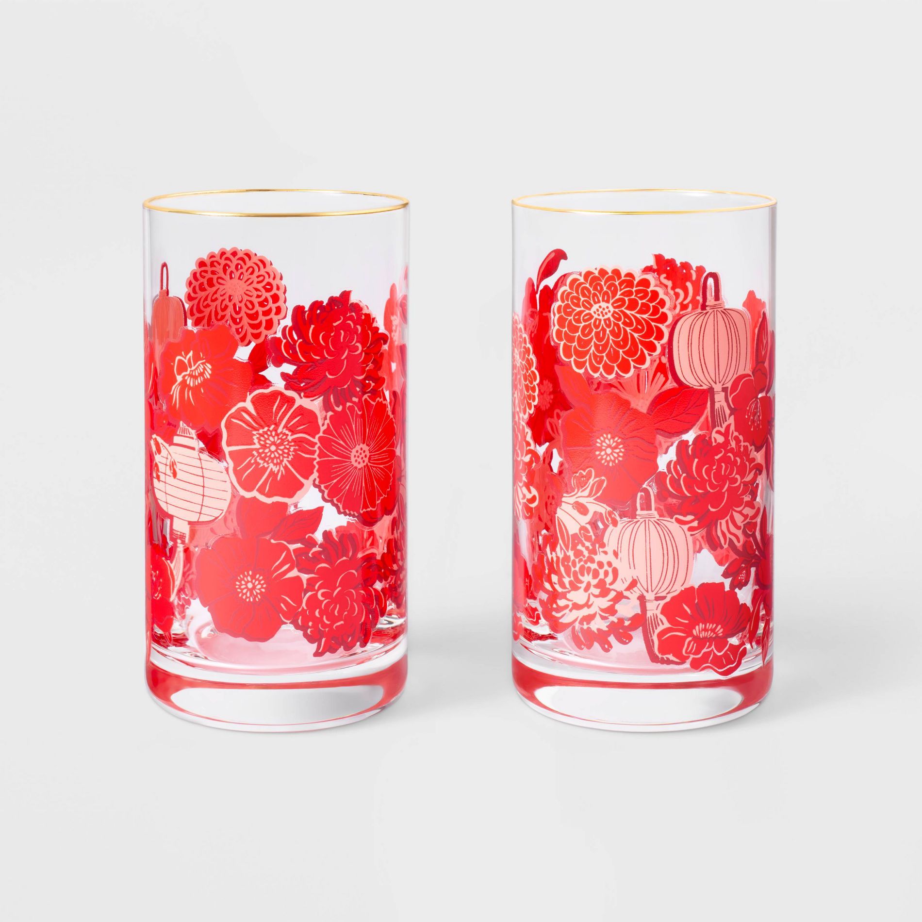Lunar New Year 2pk 12.58 fl oz Highball Glassware Tumbler Set Red Floral