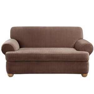 Stretch Pinstripe T-Loveseat Slipcover Chocolate - Sure Fit, Brown