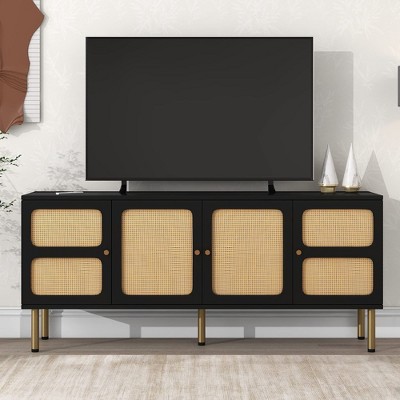 Rattan TV Stand for TVs up to 70”,Modern Entertainment Center with Rattan Door, Media Console Table with Cabinet Storage for Living Room Bedroom