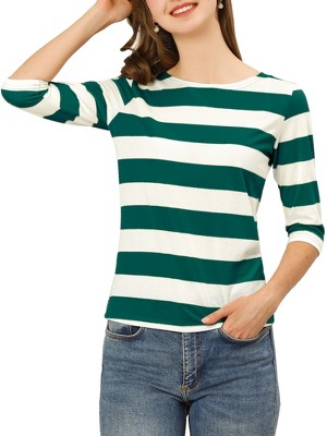 INSPIRE CHIC Women's Stripes Casual Basic Elbow Sleeves Boat Neck Slim Fit T-Shirts