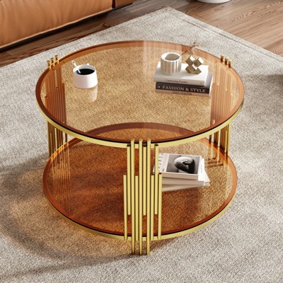 ALEXOUN 31.5 Inch Coffee Table,2-Tier Transparent Circle Glass Center Table with Storage Shelf & Metal Base,for Living Room,Office,Small Spaces