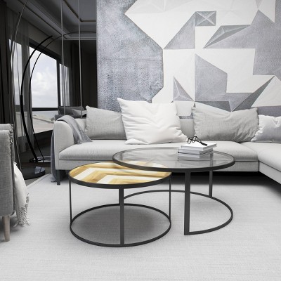 Gray and Brown Round Wood and Glass Nesting Coffee Tables