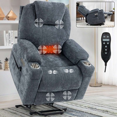 Heavy Duty Power Lift Recliner Chair with Lumbar Heat,8 Point Massage Recliner with Cup Holder,Blue Chenille Recliner for Living Room-Coolbibila