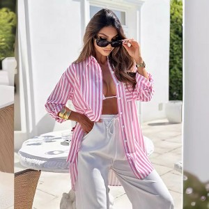 Women's Oversized Striped Button-Down Shirt - Longline Casual Tunic with Chest Pocket and Roll-Up Sleeves - 1 of 1