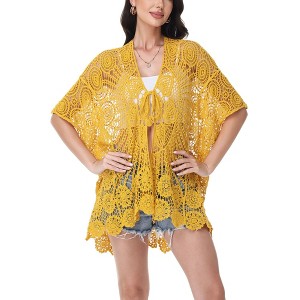 Anna-Kaci Women's Open Front Crochet Cover-Up with Floral Pattern and Short Sleeves - 1 of 4