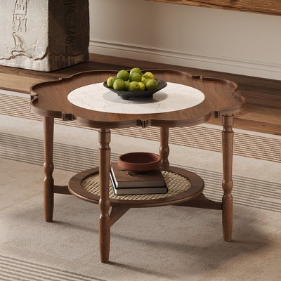 Hrinhom 31.5"W 2-Tiered Coffee Table,Mid-Century Side Table with Rattan Shelf.Glass Top