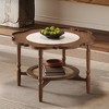 HDZNVF Mid Century Style Coffee Table With Petal Shape And White Crackle Pattern Glass, 2 Tiered Coffee Table With Rattan, Walnut - 3 of 4