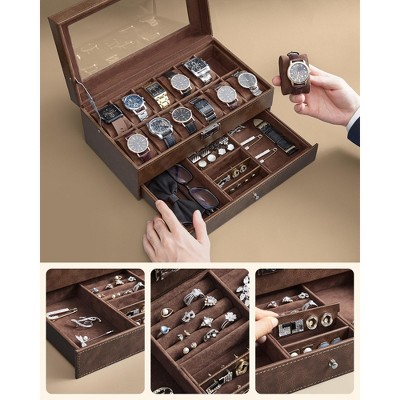 Brown Leather 12-Slot Watch Box with Glass Lid and Drawer