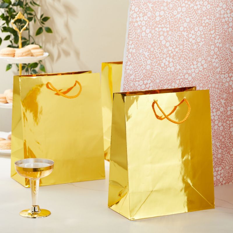 Sparkle and Bash 24 Pack Metallic Gold Gift Bags with Handles for Birthday Party Favors, Small Business Supplies, Easter, Baby Shower, 10 x 8 x 4.25", 2 of 8