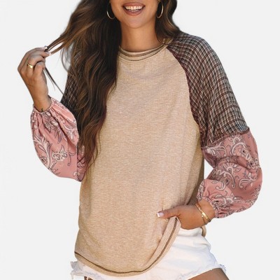 Amaryllis Women's Boho Patchwork Long Sleeve Top Mixed Print Raglan Sleeves Casual Relaxed Fit Tunic Lightweight Pullover