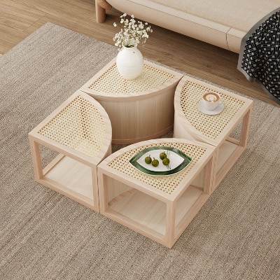 TIRAMISUBEST Round to Square Block Modular Coffee Table Light Natural Rattan with Storage, Geometric Design Center Table for Living Room