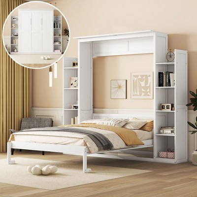 PAGED Modern Wooden Murphy Bed, Queen Size Bed Frame with 10 Shelves and LED Light, Platform Bed for Small Room, Space-Saving