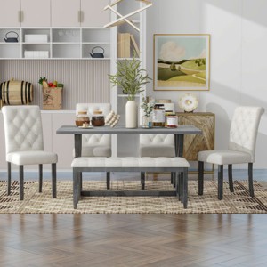 Retro Rectangular Dining Table Set For 6, Dining Set Solid Wood, Modern Kitchen Table And Chairs With 4 Upholstered Chairs & 1 Bench-Cuddlewood - 1 of 4