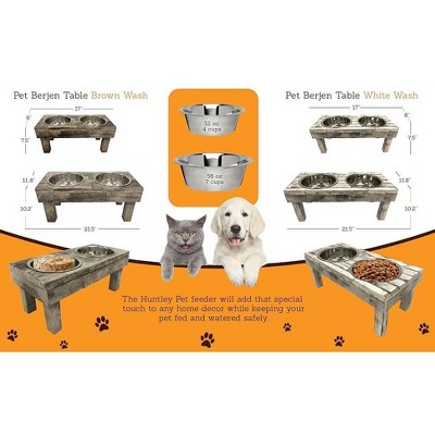 Large Brown Wash Reclaimed Wood Elevated Double Bowl Pet Feeder