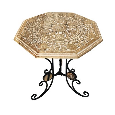 Engraved Carved Octagonal Mango Wood Table with Scrolled Foldable Legs Brown/Black - The Urban Port