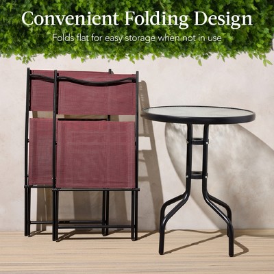 Burgundy 3-Piece Black Steel and Glass Patio Bistro Set