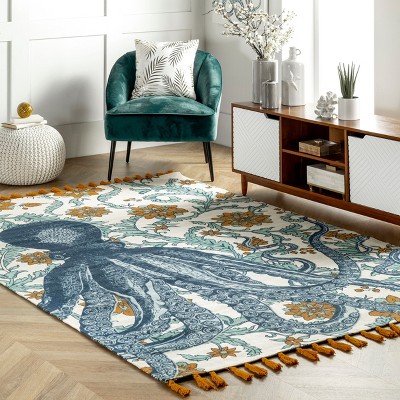 Handmade Octopus Floral Cotton Area Rug, 7'6" x 9'6", Multicolor