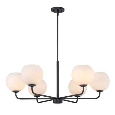 LLHZSY 35 2/5" Milky White Glass Globes Chandelier 6-Light Iron & Glass Fixture, Adjustable-Black