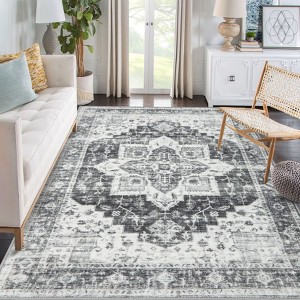 Washable Soft Rug Vintage Distressed Rug Low Pile Thin Rug Non Slip Non Shedding Accent Throw Rug for Dining Room Bedroom - 1 of 4