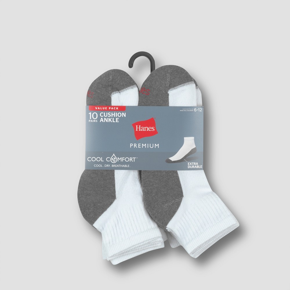 Hanes Premium Men's Extended Ankle Socks, White - 10 pack, Size 12-14