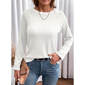 Women Crew Neck Ribbed Texture Relaxed Drop Shoulder Long Sleeve Pullover Top - 1 of 4