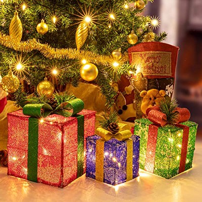 Sunnyglade Set of 3 Christmas Lighted Gift Boxes Decoration Boxes with Plug