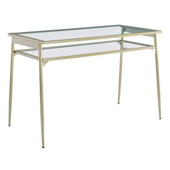Modern 2 Tier Glass Top Writing Desk with Metal Legs Gold - Saracina Home
