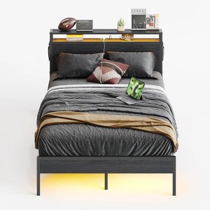 Bestier Full Size Bed Frame with Wooden Headboard – LED Metal Platform Bed with 2-Tier Storage Shelf, Side Bags & USB Charging Station, Black - 1 of 4