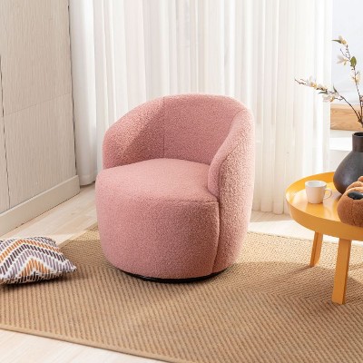 CAVINAS Teddy Fabric Swivel Accent Armchair, Barrel Chair with Ergonomic Backrest & Black Powder-Coated Metal Ring