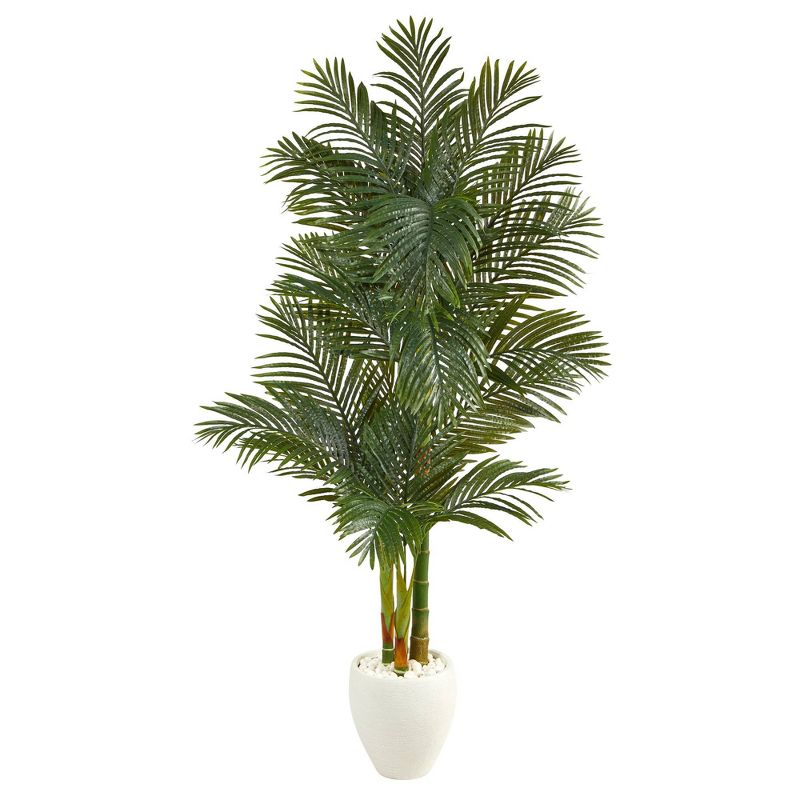 Nearly Natural 6-ft Golden Cane Artificial Palm Tree in White Planter, 1 of 5