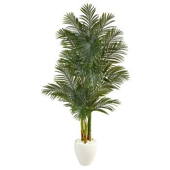 Nearly Natural 6-ft Golden Cane Artificial Palm Tree in White Planter