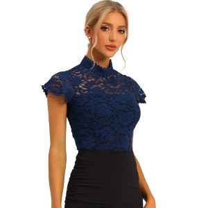 INSPIRE CHIC Women's Elegant Floral Lace Short Sleeve Keyhole Back Semi-Sheer Top - 1 of 4