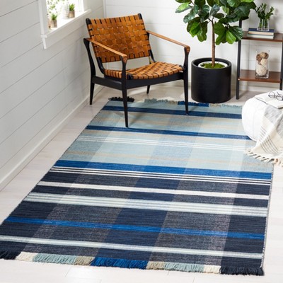 Navy and Charcoal Striped Wool Kilim Area Rug