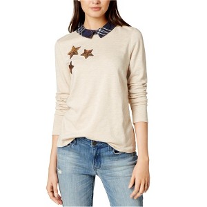 maison Jules Womens Collared Sequined Knit Blouse, Beige, X-Large - 1 of 1