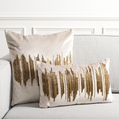 Beige and Gold 12" x 20" Embellished Pillow