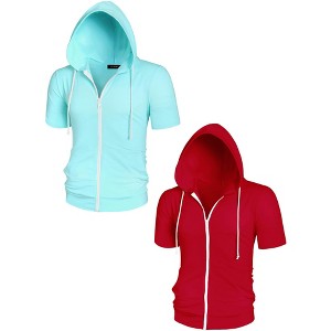 Lars Amadeus Men's Solid Color Zipper Short Sleeves Drawstring Hoodies Sweatshirt 2 Packs - 1 of 4