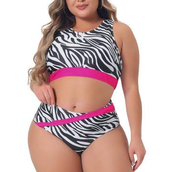 Agnes Orinda Women's Plus Size Zebra Print Contrast Two Piece High Waisted Bikini Sets