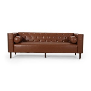 3-Seater Contemporary Sofa with Tufted Back, Rolled Pillows, and Wood-Like Accents for Living Room - 1 of 4